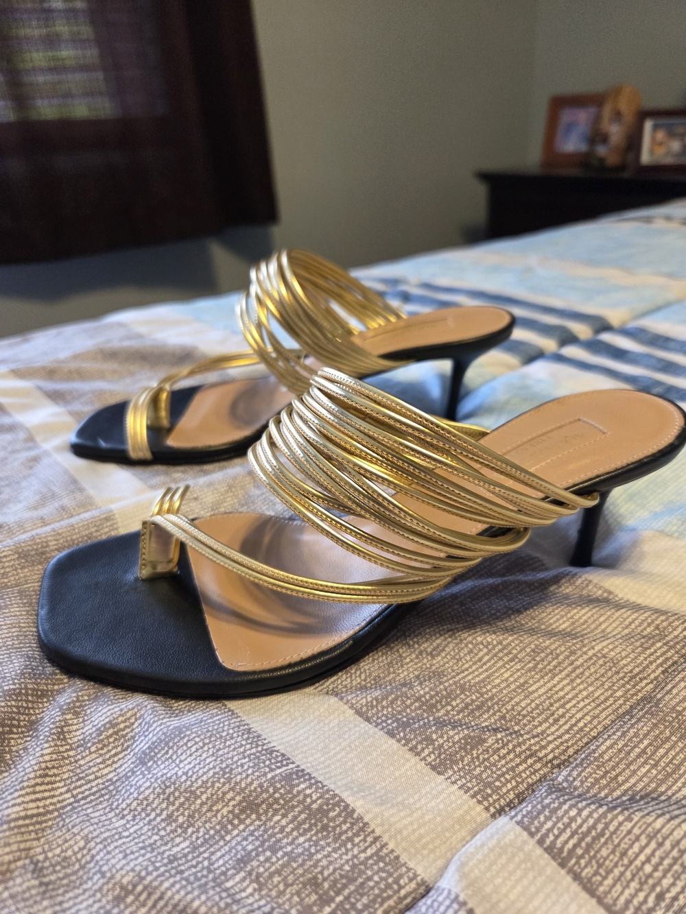 Aquazzura Black and Gold Strappy Mid-Heel Sandals